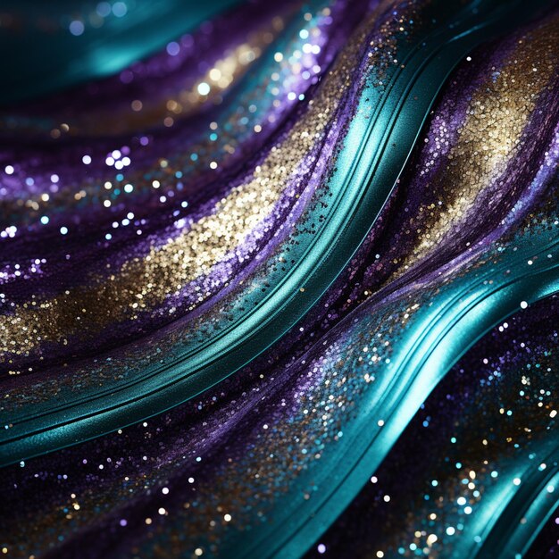 purple and green glitters are scattered on a shiny surface generative ai