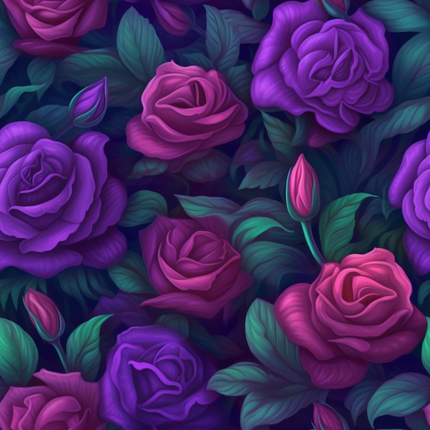 Purple and green roses with green leaves on a dark background generative ai