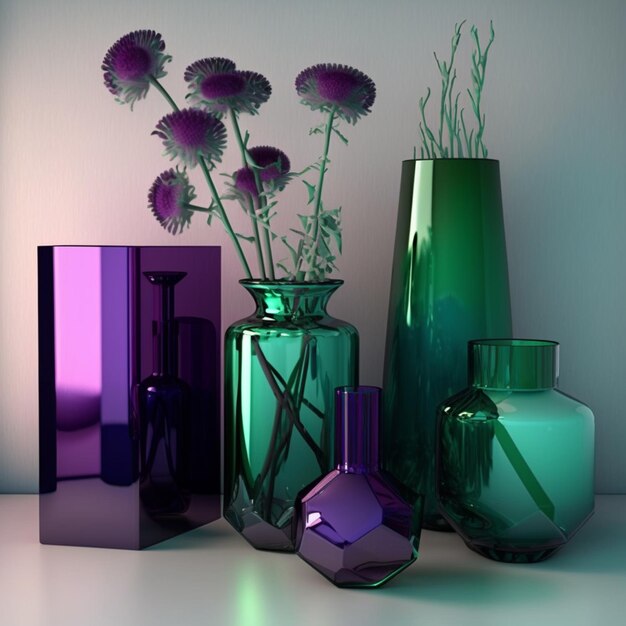 Purple and green vases and vases with flowers in them generative ai