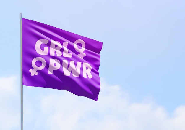 Фиолетовый флаг GRL PWR на голубом небе и копирование пространства для Международного женского дня и феминистской активизма в 3D иллюстрации 8 марта для независимости, расширения прав и возможностей женщин и активизма за права женщин