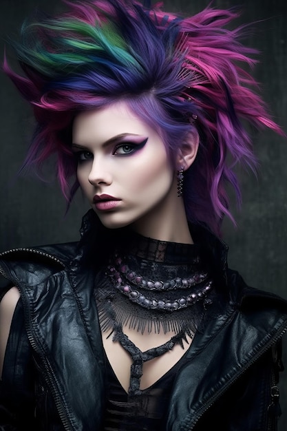 Purple hair with a black leather jacket