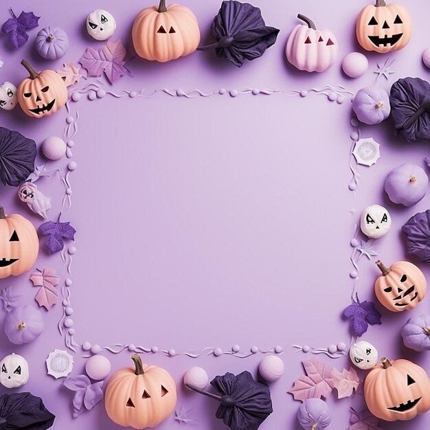 Photo purple halloween background with pumpkins and bats generative ai