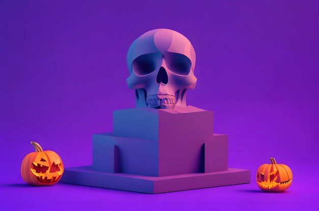 purple halloween skull on a podium paper art style ai generated background