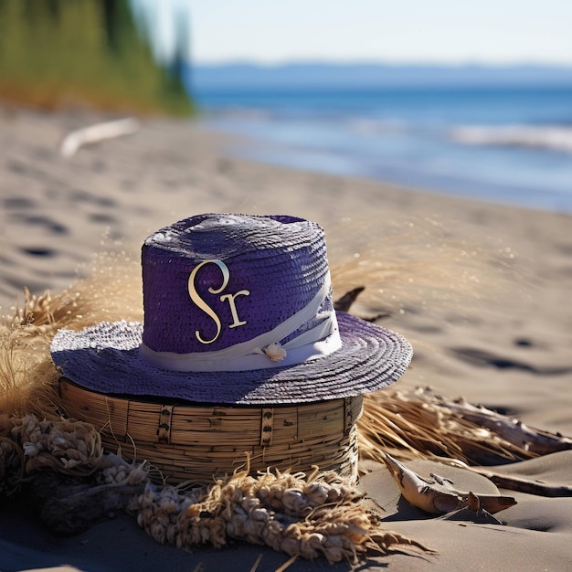 a purple hat with a purple band on it sits on a beach