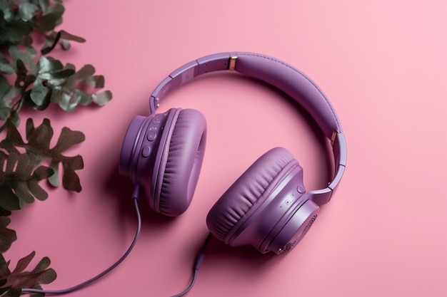 Purple headphones on pink background Music concept Top view