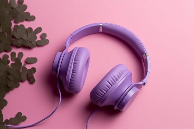 Purple headphones on pink background Music concept Top view