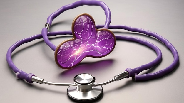 A purple heart is on a stethoscope