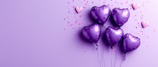 写真 紫の背景に紫の心の形の風船 誕生日カード 休日の背景