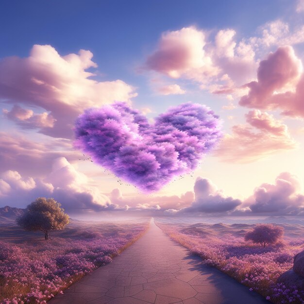 Purple heart shaped cloud floating over a road in a field generative ai