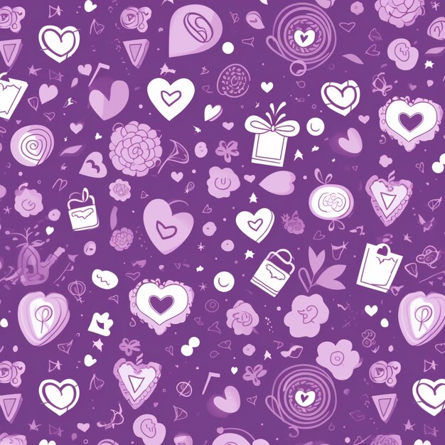 Purple hearts and flowers are scattered on a purple background generative ai