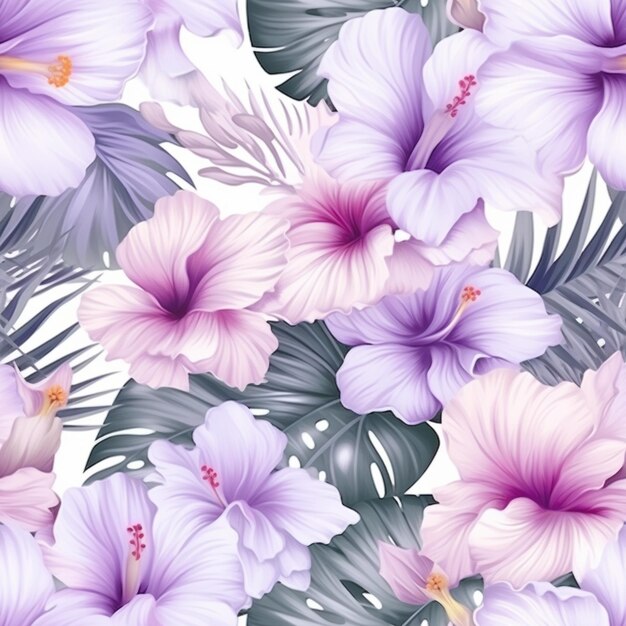 Purple hibise flowers and palm leaves on a white background generative ai