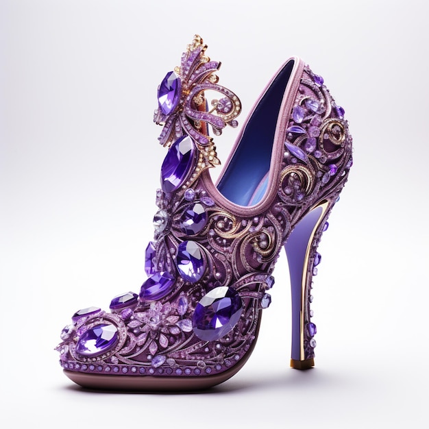 purple high heeled shoes with purple crystals and a gold broochet generative ai