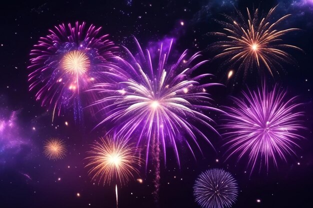 Purple holiday fireworks background with sparks colored stars and bright nebula on black night sky universe Amazing beauty colorful fireworks display on celebration showing Holidays backgrounds