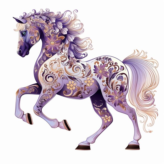 purple horse with a floral pattern on its body and mane generative ai