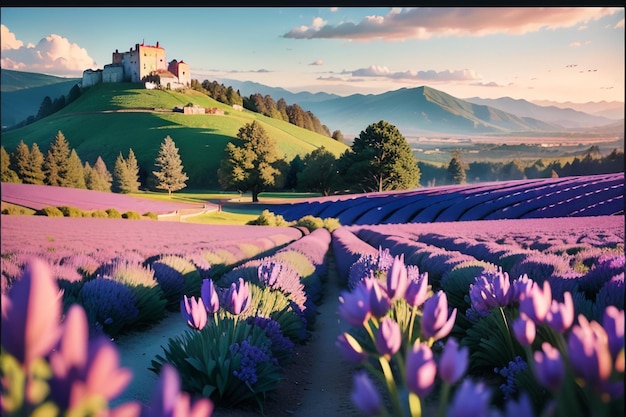 Photo a purple house on a hill with a castle in the background