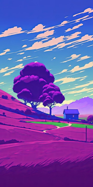 A purple house sits in a field with a house in the background.