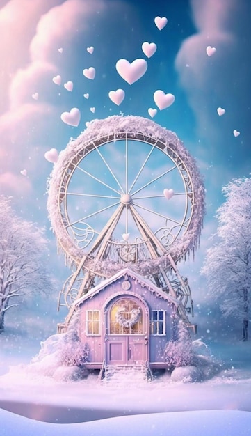 A purple house with a large ferris wheel in the snow.