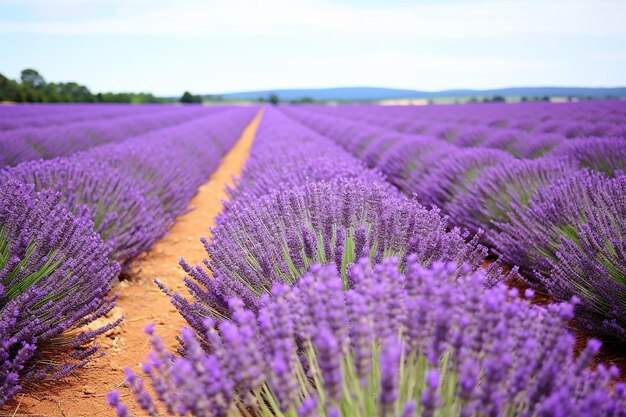 Purple hues lavender field with rows of blossoming buds