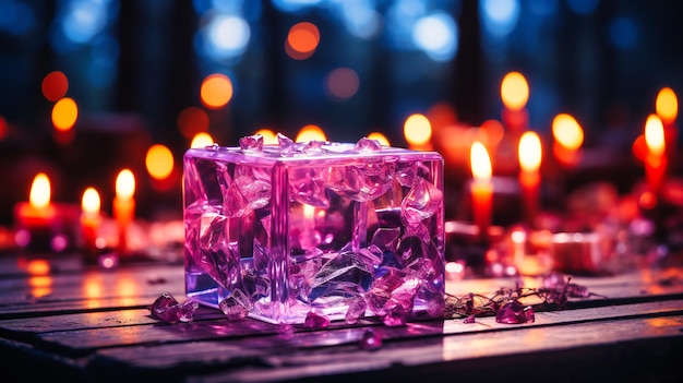 a purple ice block sitting on top of a table with purple bokeh blur