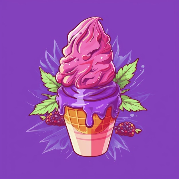 A purple ice cream cone with a pink topping and green leaves generative ai