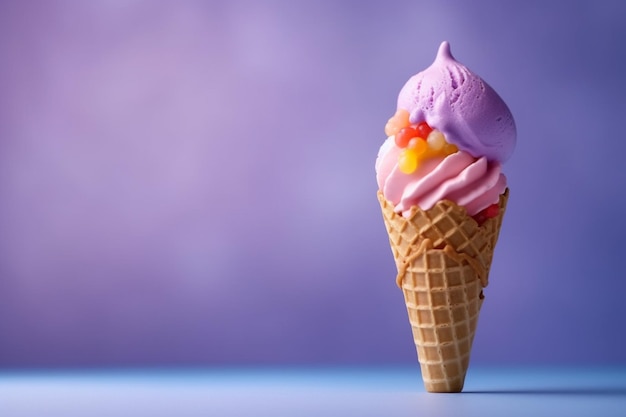 A purple ice cream cone with a purple background.