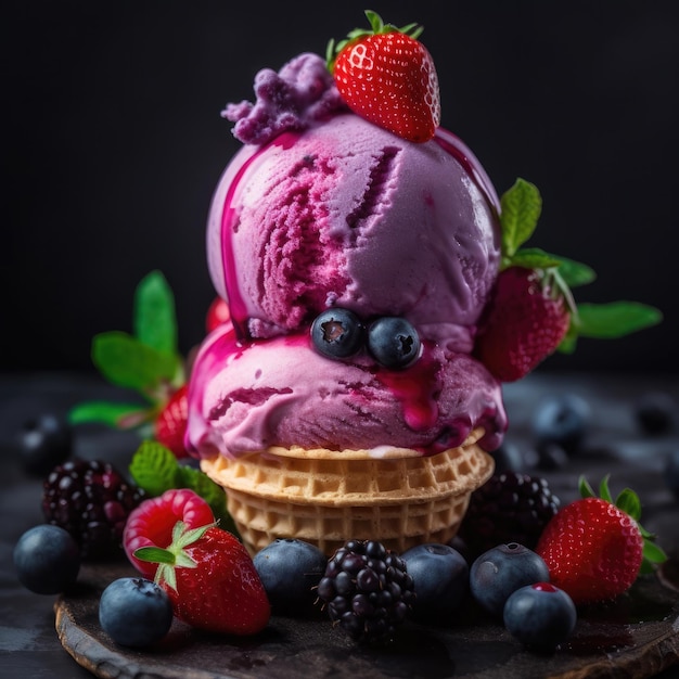 A purple ice cream with blueberries and blackberries on a black background