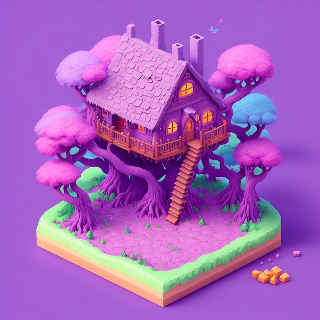 A purple illustration of a house with a treehouse on it