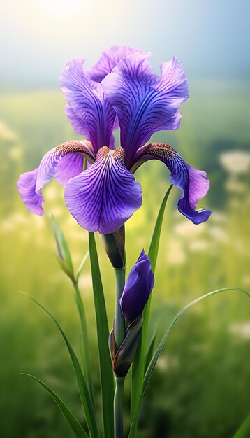 Purple iris flower on green meadow Nature background