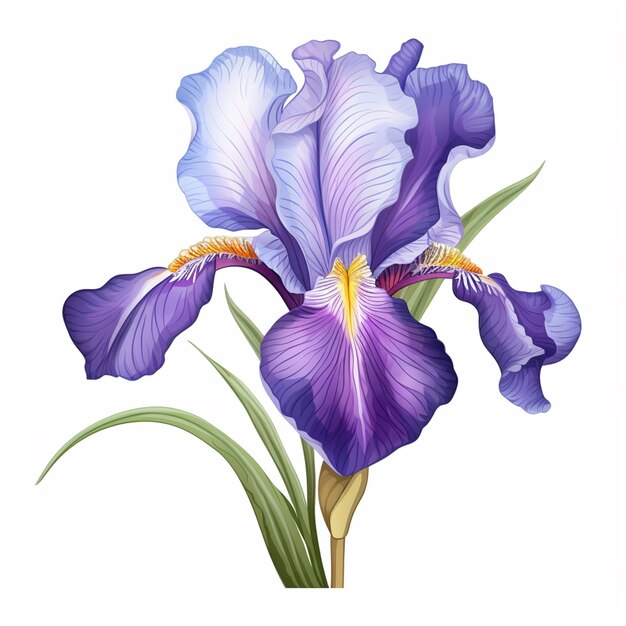 Photo purple iris flower with green leaves on a white background generative ai