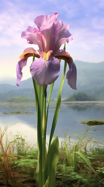 purple iris flower with mountains in the background generative ai