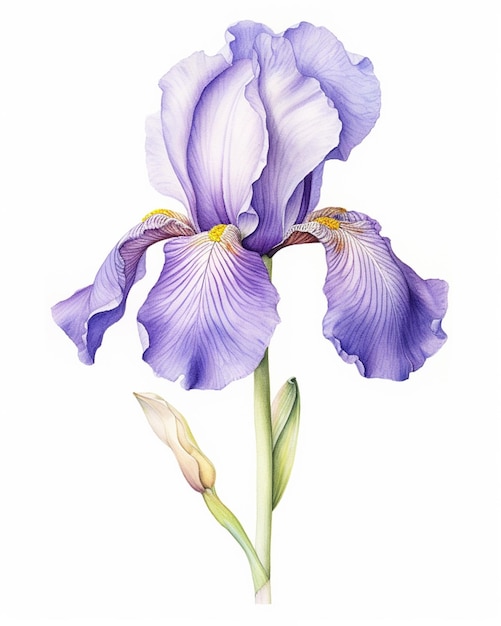 Purple iris flower with yellow stamen and green stem on white background generative ai