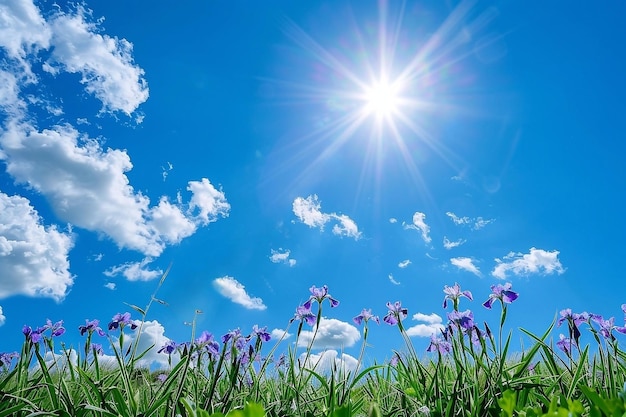 푸른 하늘 배경 에 있는 보라색 아이리스 꽃 과 태양