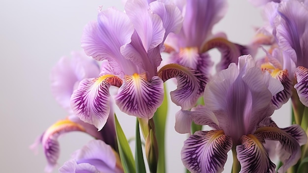 Purple iris flowers in a vase on a white background