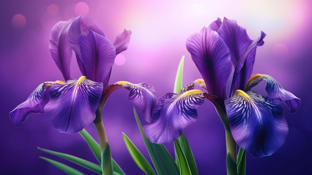 Purple iris flowers with a golden background