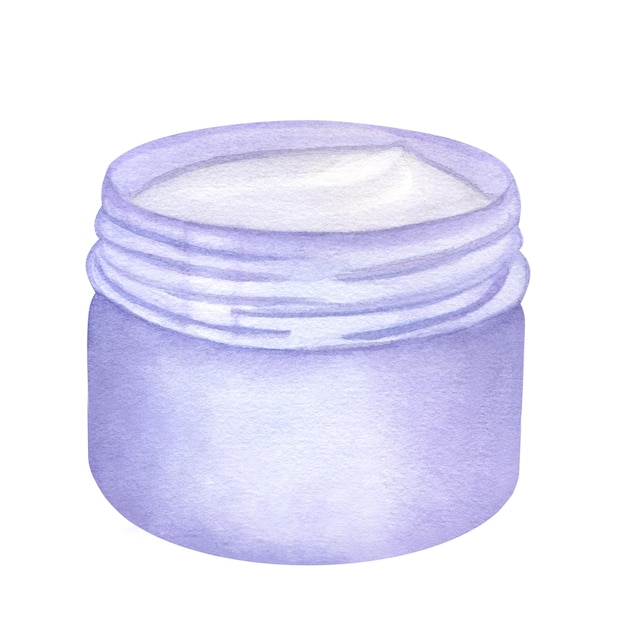 Purple jar moisturizing cream mask for skin Skincare beauty routine Cosmetology Hand draw watercolor illustration isolated on white background