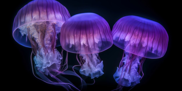 A purple jellyfish is shown against a black background.