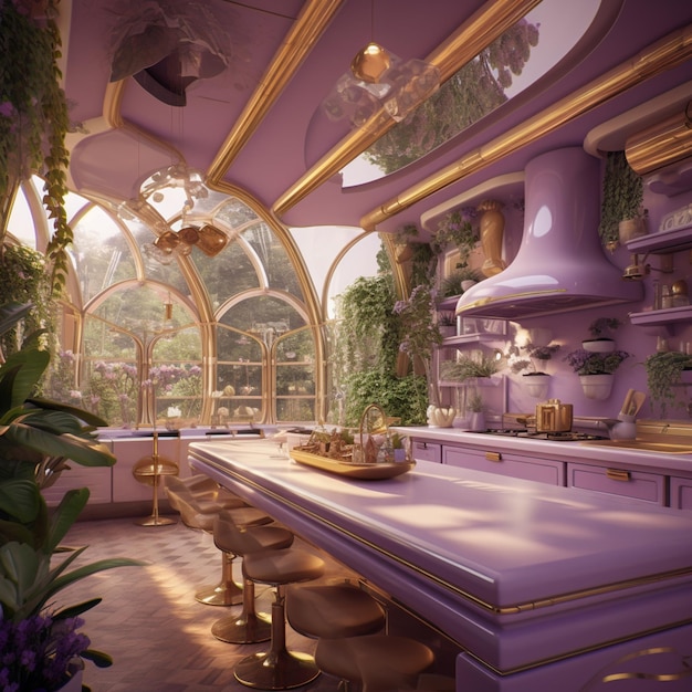 purple kitchen with a large island and a lot of stools generative ai