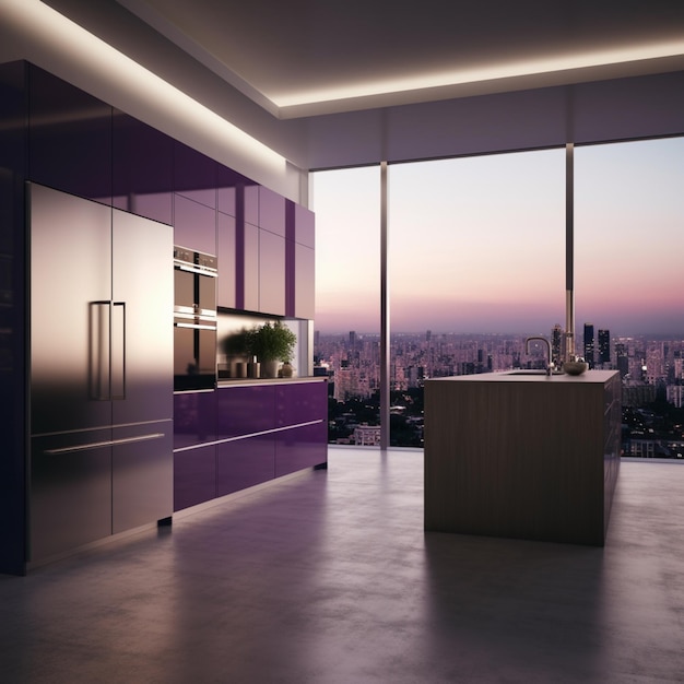 purple kitchen with a view of the city generative ai