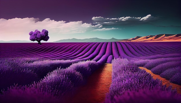 A purple landscape of lavender fields with gorgeous sky generative AI