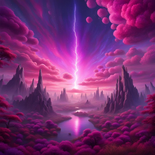 Фиолетовый пейзаж с молнией