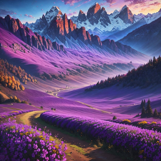 фиолетовый пейзаж с горами