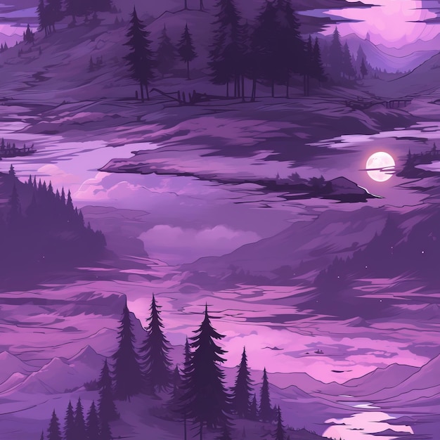 a purple landscape with trees and mountains