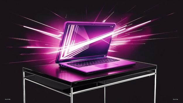 Purple laptop 3d illustration black desk laptop computer with color pink purple light display