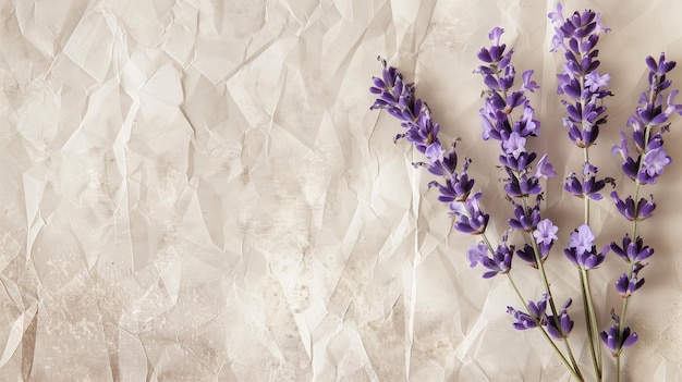 Purple lavender flowers placed on crinkled beige paper creating delicate and artistic background