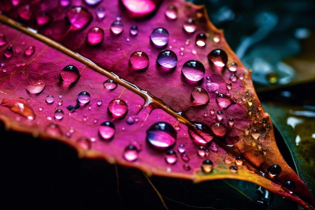 Purple leaf with water drops on the surface