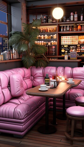 purple leather couches and tables in a restaurant with a view of the city generative ai