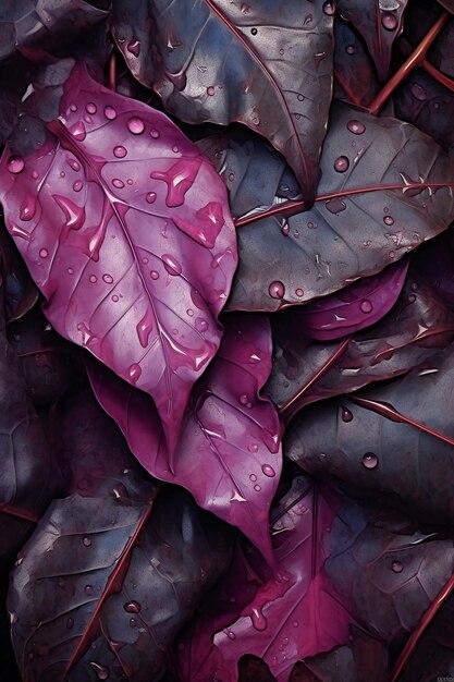 Purple leaves with drops of water as a background top view