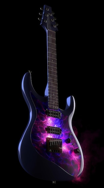 A purple light guitar on dark background generative AI