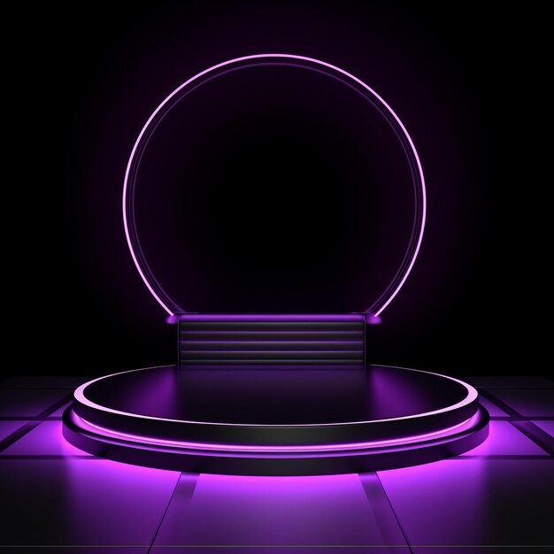 Photo purple light round podium and black background for mock up