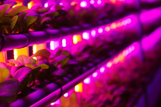 写真 紫色の光が植物の上を照らす ネオンと光灯のスタイルで 活気のある照明を生み出します